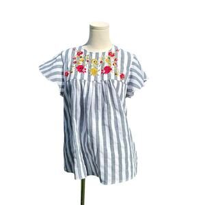 Emery Rose Flutter Sleeve Blue White Striped Embroidered Floral Blouse Womens L
